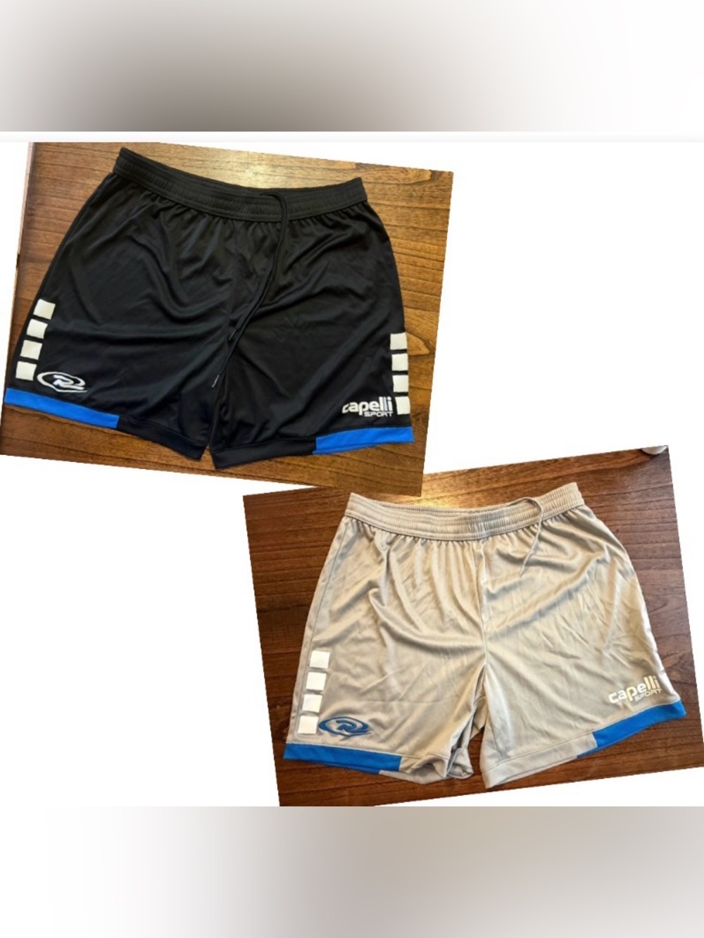 2 pairs Capelli Rush Gray/blue/white and Black/blue/white Sport Shorts, Small